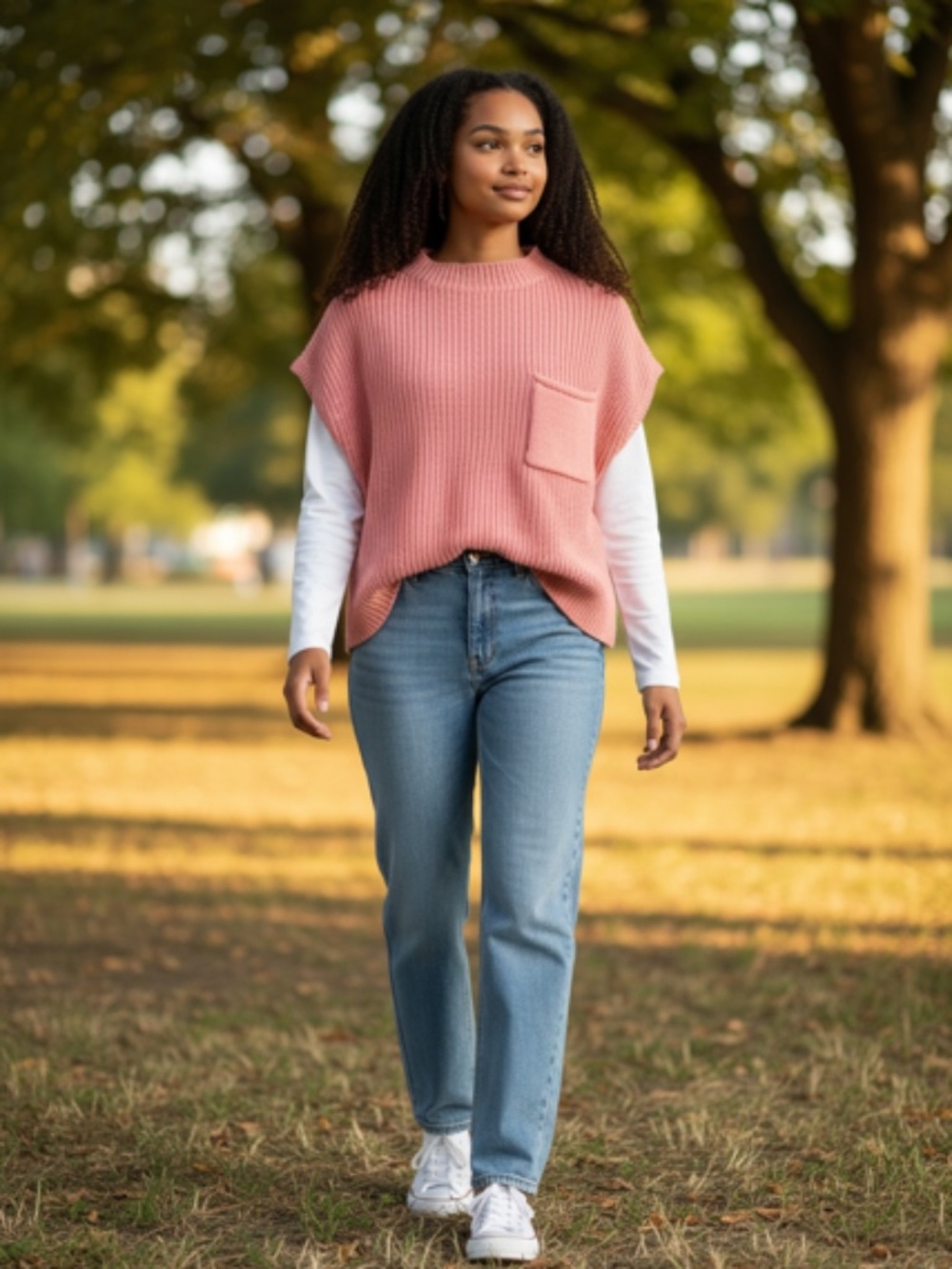Zenana Pink Ribbed Sweater Vest Cap Sleeve Mock Neck Drop Shoulder Front Pocket